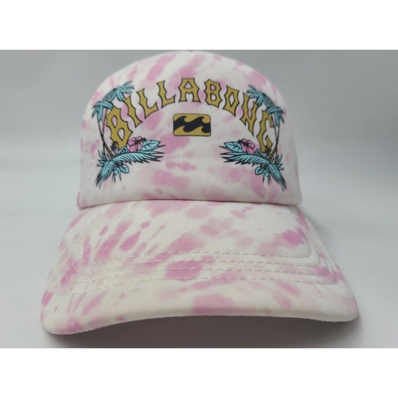 Women Billabong Tie Dye Palm Trees Mesh Trucker Snapback Hat Cap Surf Pink White - Picture 2 of 12